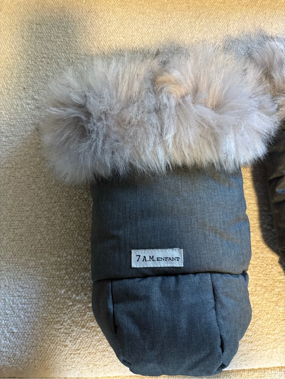 7 A.M. Enfant Gray Faux-Fur Trim Stroller Hand Muffs